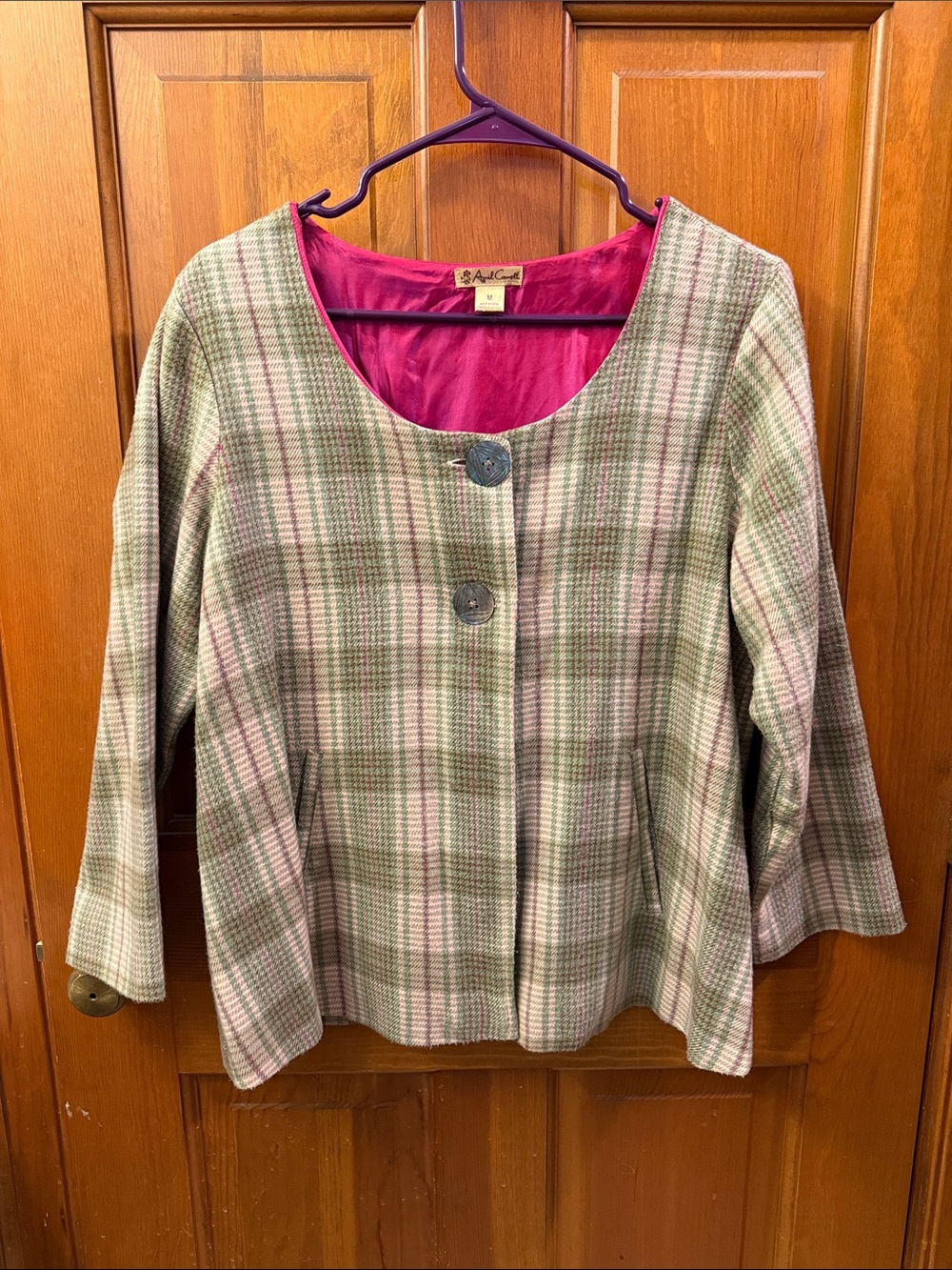 April Cornell Green and Pink Plaid Wool-Blend Jacket